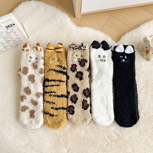 Five pack coral fleece cat themed socks with 3D ears and warm plush texture