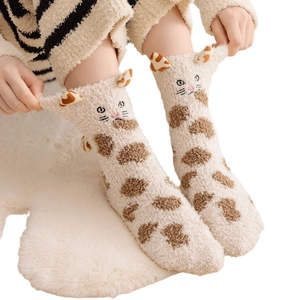Women's coral fleece warm socks with cute 3D cat ears and leopard spots for winter