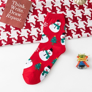 Festive red Christmas crew socks featuring white snowman and holiday tree knit patterns