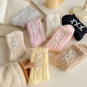 Women Coral Fleece Crew Socks Sweet Bowknot Decoration Thickened Warm Fluffy Winter Indoor Sleep Socks Plush Hosiery