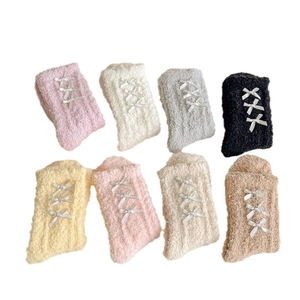 Women's fluffy coral fleece socks with ribbon bows in eight assorted sweet colors