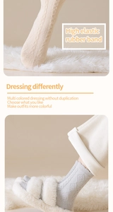 Close-up of thick cable knit thermal socks and plush open-toe faux fur slippers