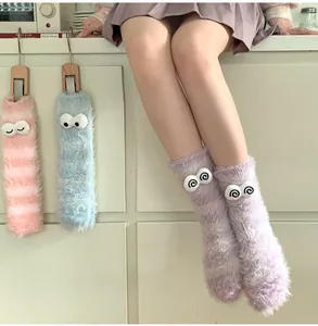 Thick fuzzy coral fleece socks with 3D cartoon eyes for warm winter loungewear