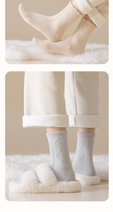 Detail of warm winter socks with knitted diamond pattern and soft plush fleece lining