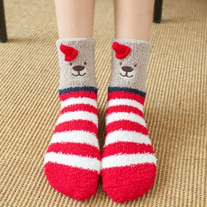 Red and white striped coral fleece socks with 3D bear embroidery for winter warmth