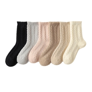 Set of 6 thick thermal fleece socks for women in multiple colors with cable knit pattern