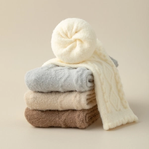 Thick warm cable knit socks in beige, gray, apricot and coffee colors for winter