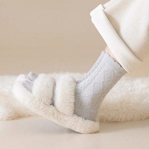 Thick warm plush slippers and grey knit socks set for winter home comfort wear