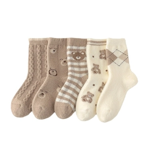 5-pack thick fuzzy thermal bear socks for women in cozy cream and khaki earth tones