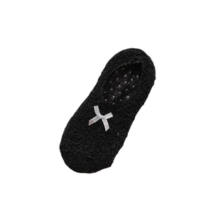 Black plush floor socks with silver bow and anti-slip silicone grip for winter warmth