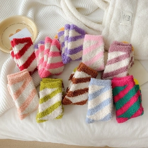 Women Warm Coral Fleece Floor Socks Japanese Striped Mid-Calf Sleep Socks Winter Thickened Soft Fuzzy Home Indoor Socks