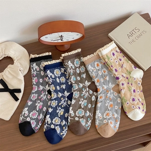 Chaussettes Mi-Mollet en Coton à Dentelle Florale Vintage pour Femmes Style Japonais Respirantes Absorbantes Confortables