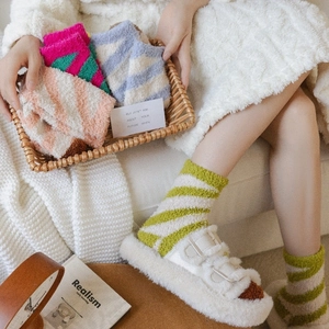 Soft coral fleece striped socks for women in various colors for cozy winter home wear