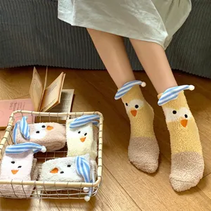 Thick coral fleece winter socks with cute cartoon duck design and blue striped hats