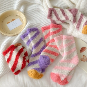 Warm coral fleece striped mid-calf socks for women in various cozy color combinations