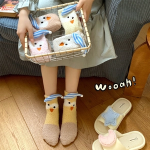 Cozy cartoon coral fleece winter socks for women with cute animal designs and stripes
