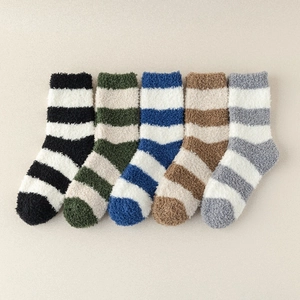 Men Fuzzy Striped Socks Coral Fleece Winter Warm Thickened Sleep Socks For Men Soft House Floor Socks Cozy Indoor Footwear