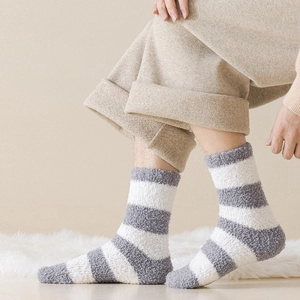 Fuzzy coral fleece striped warm winter socks for men in soft grey and white