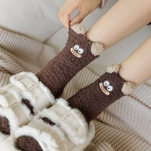 Funny Cartoon Embroidered Sleep Socks With 3D Ears Thick Coral Fleece Winter Warm Crew Socks For Women Home Indoor Wear