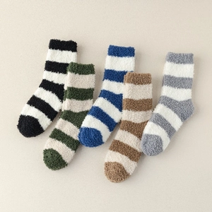 Five-pack of thick striped coral fleece socks for men in warm winter colors