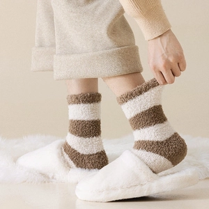 Plush coral fleece striped socks with white platform indoor slippers for winter warmth