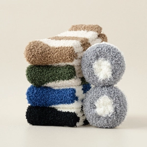 Thick fuzzy coral fleece winter socks with white stripes in various cozy colors