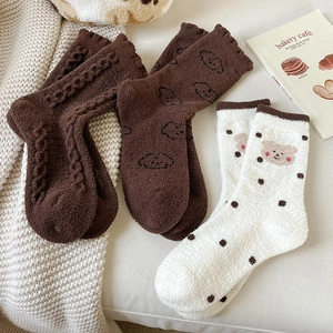 Winter fleece thermal socks for women with cute brown bear patterns and soft velvet texture