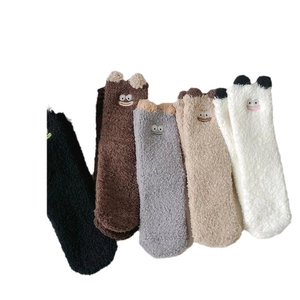 Plush 3D cartoon thermal sleeping socks in five colors with cute embroidery details