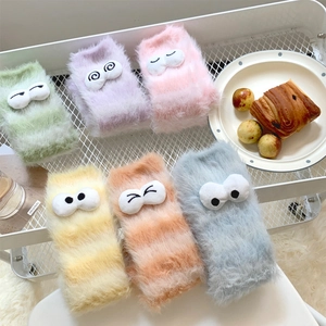 Colorful thick coral fleece socks with cute 3D cartoon eyes and soft warm plush fabric