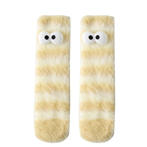 Thick coral fleece striped fuzzy socks with cute plush eyes and yellow white pattern