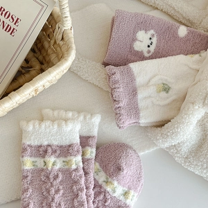 Plush double-sided fleece floor socks with cute rabbit embroidery for winter warmth