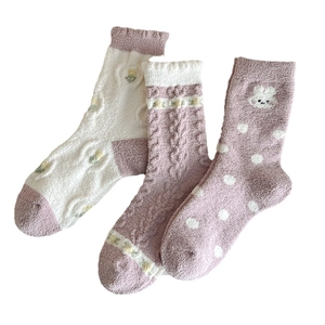 Three pairs of thick coral fleece winter socks in pink and white with cute rabbit embroidery