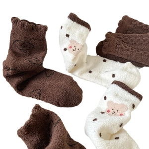 Thick coral fleece socks for women featuring brown bear embroidery and polka dots