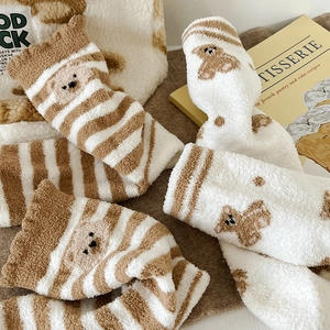 Thick warm winter thermal coral fleece socks with cute bear pattern and striped design