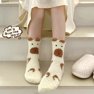 Chaussettes thermiques épaisses en polaire corail avec oreilles d'animaux 3D