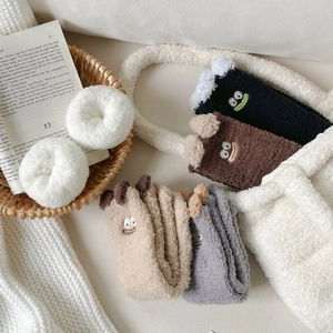 Thick coral fleece socks with cute cartoon eyes in black, coffee, beige and grey colors