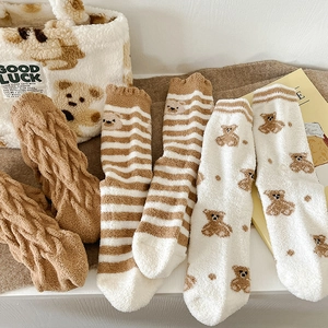 Winter thermal coral fleece socks with cute bear patterns and fluffy texture