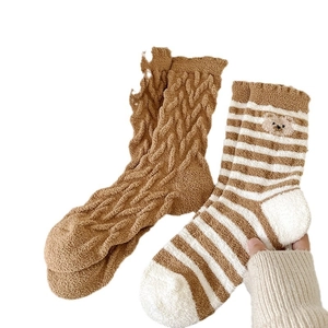 Winter thermal double-sided fleece socks for women featuring cute bear embroidery