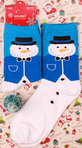 Christmas snowman pattern crew socks in blue and white with holiday packaging