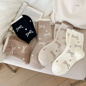 Winter thermal bow pattern plush socks set in black, coffee, khaki and cream white colors