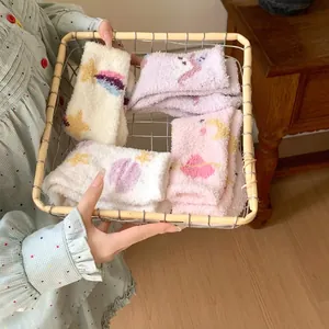 Cosy coral fleece crew socks with cute star and rainbow embroidery for winter