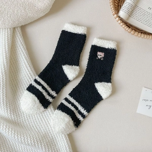 Thick coral fleece winter socks with cute panda embroidery and warm striped plush texture
