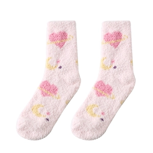 Pink coral fleece socks with cute moon and heart patterns for cozy winter home wear
