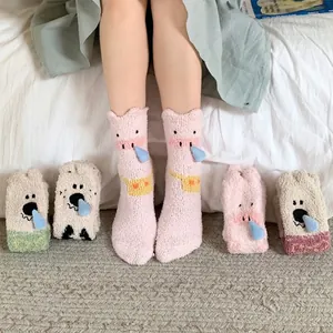 Thick warm coral fleece socks with cute 3D animal ears and pig design for winter