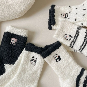 Women Cartoon Panda Embroidered Coral Fleece Socks Winter Thick Warm Fuzzy Sleep Socks Striped Polka Dot Home Floor Hosiery