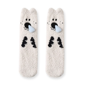 White coral fleece socks with cute cartoon animal faces for thick winter warmth