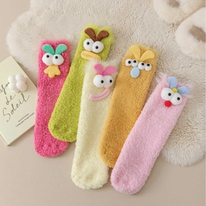 Funny 3D Cartoon Eyes Fuzzy Floor Socks For Women Warm Thickened Coral Fleece Mid-Calf House Socks Sweet Soft Winter Sleep Socks