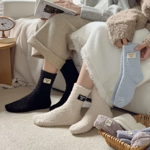 Thick coral fleece mid-calf home socks with cute bear patch and soft winter texture