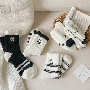 Thick coral fleece winter socks with cute panda embroidery and warm striped patterns