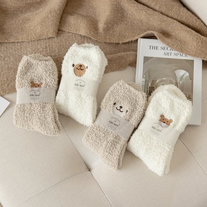 Women Thick Coral Velvet Socks Cute Bear Embroidery Mid Tube Winter Warm Home Sleep Fuzzy Socks Solid Color Animal Socks